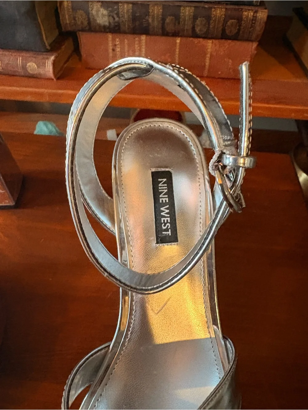 Nine West Metallic Silver Platform Block Heel Sandals